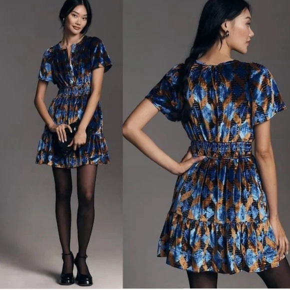 Anthropologie Dresses & Skirts - Anthropologie- Geometric Velvet Stylish Blue and Brown Dress